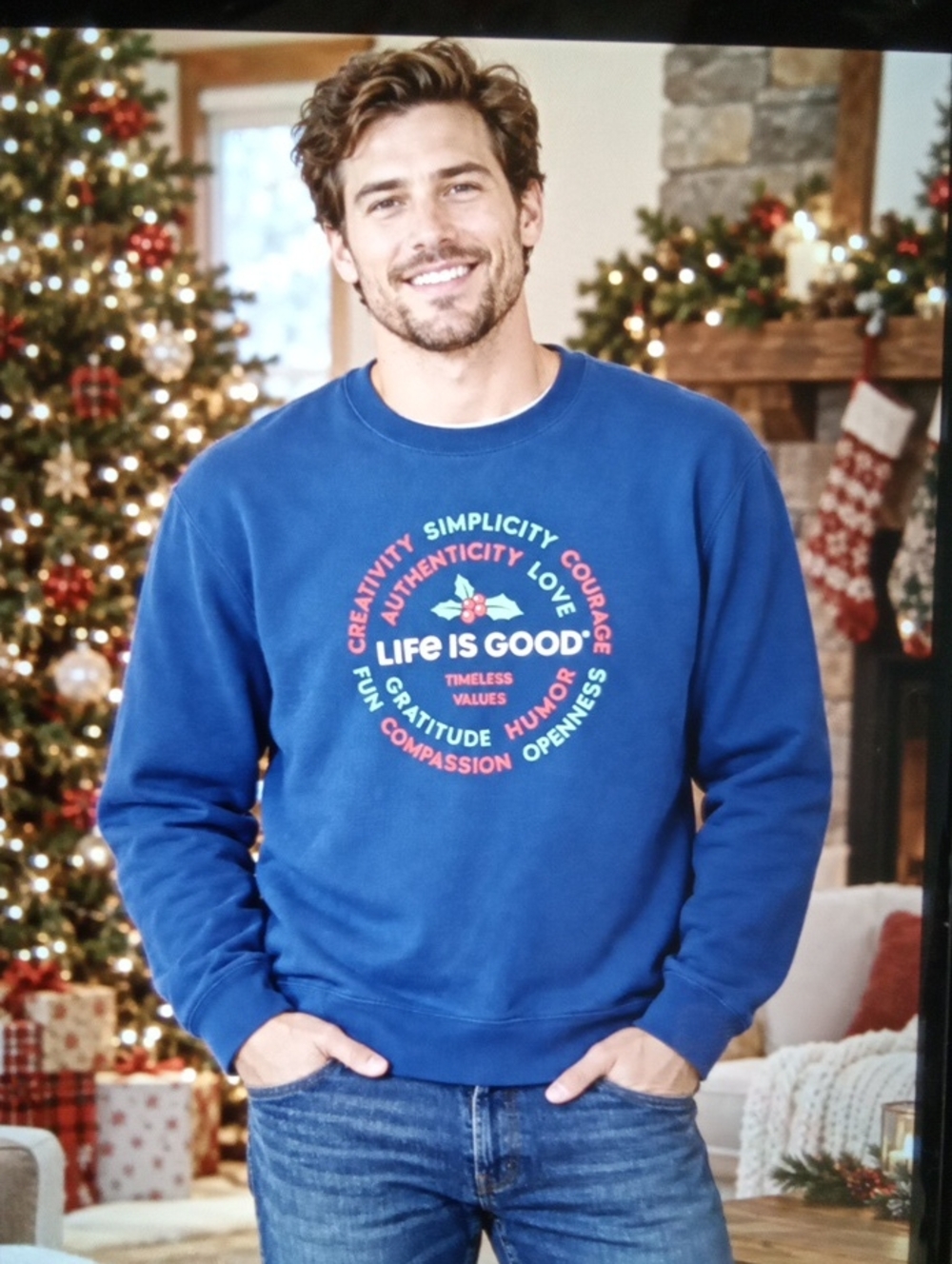 Life Is Good Navy Crewneck with Multicolor Circular Logo Mens Size Large